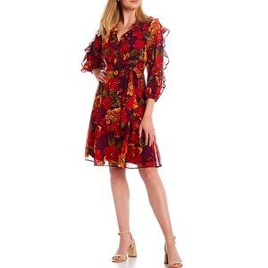 Calvin Klein V-Neck Red Purple Ruffle Floral Faux Chiffon Wrap Dress Autumnal
